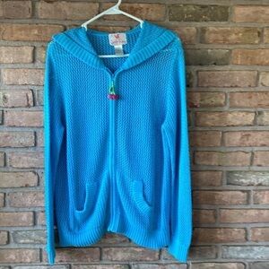 Quacker Factory Turquoise Open Knit Hoodie Cardigan Large GUC